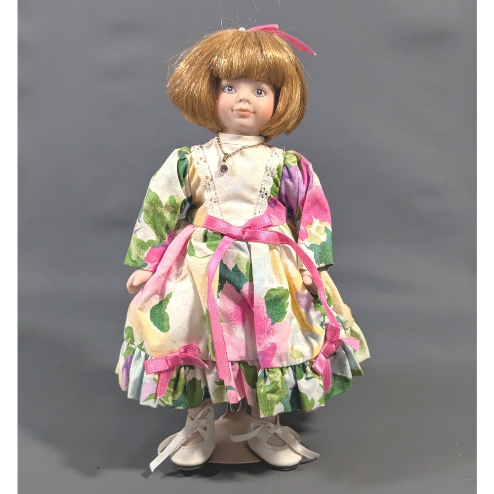 Vintage Bisque Porcelain Doll Floral Dress Pink Ribbon 9.5 Inch Collectible